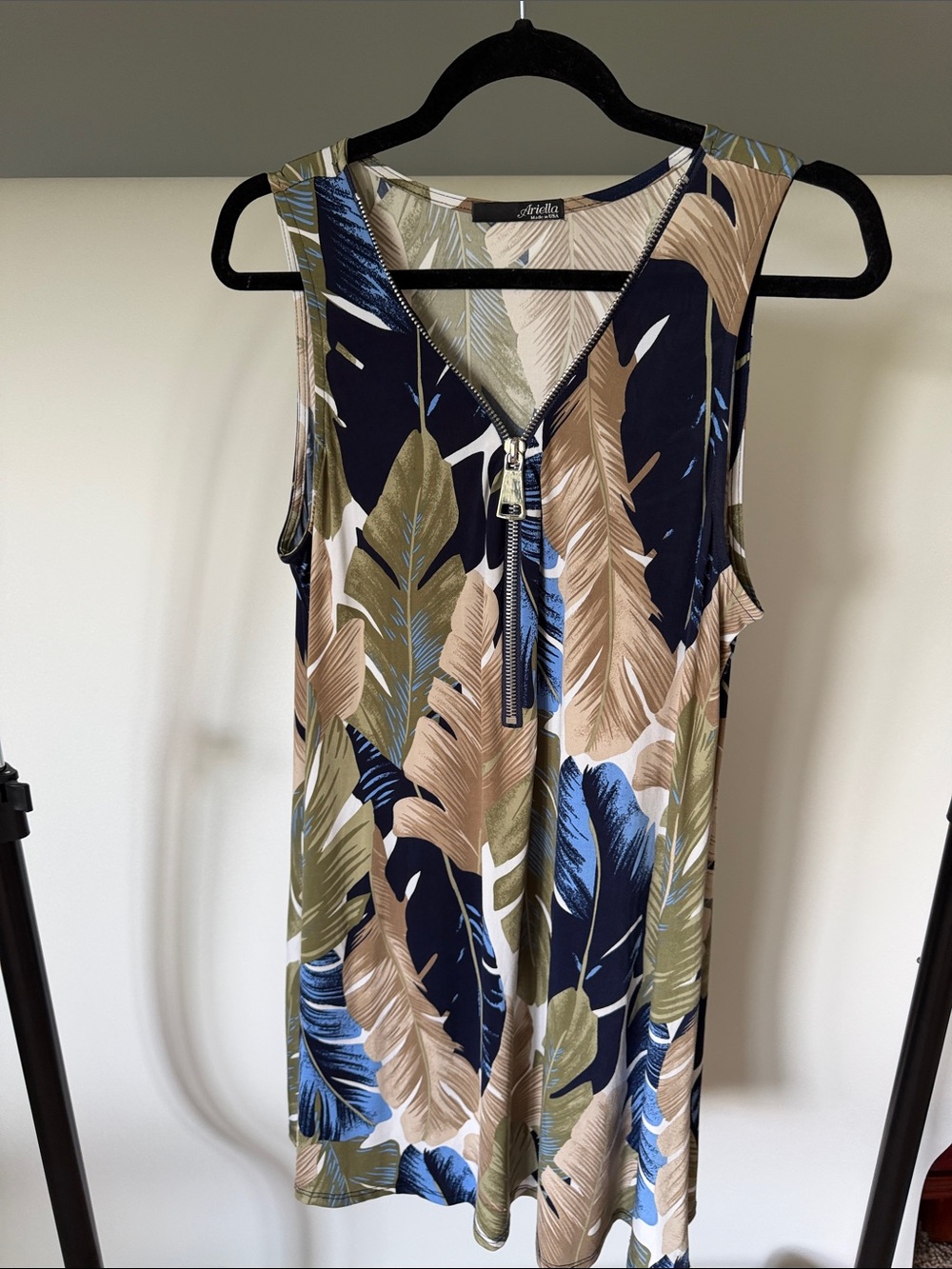 Ariella Navy Blue, Olive Green & Beige Tropical Leaf Zip-Front Dress